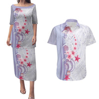 Purple Plumeria Sea Shell Couples Matching Puletasi and Hawaiian Shirt Starfish Polynesian Pattern LT01 Purple - Polynesian Pride
