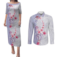 Purple Plumeria Sea Shell Couples Matching Puletasi and Long Sleeve Button Shirt Starfish Polynesian Pattern - Polynesian Pride