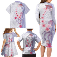 Purple Plumeria Sea Shell Family Matching Long Sleeve Bodycon Dress and Hawaiian Shirt Starfish Polynesian Pattern - Polynesian Pride