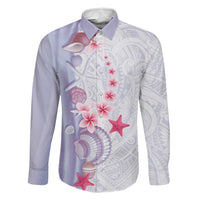 Purple Plumeria Sea Shell Family Matching Off The Shoulder Long Sleeve Dress and Hawaiian Shirt Starfish Polynesian Pattern LT01 Dad's Shirt - Long Sleeve Purple - Polynesian Pride