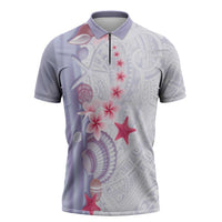 Purple Plumeria Sea Shell Zipper Polo Shirt Starfish Polynesian Pattern - Polynesian Pride
