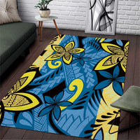 Plumeria Polynesian Pattern Area Rug Unique Fantasy Blue Yellow