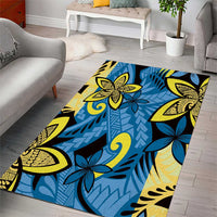 Plumeria Polynesian Pattern Area Rug Unique Fantasy Blue Yellow