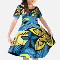 Plumeria Polynesian Pattern Family Matching Long Sleeve Bodycon Dress and Hawaiian Shirt Unique Fantasy Blue Yellow LT01 Daughter's Dress Blue - Polynesian Pride