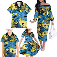 Plumeria Polynesian Pattern Family Matching Off The Shoulder Long Sleeve Dress and Hawaiian Shirt Unique Fantasy Blue Yellow