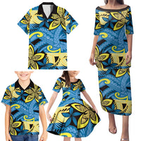 Plumeria Polynesian Pattern Family Matching Puletasi and Hawaiian Shirt Unique Fantasy Blue Yellow