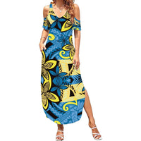 Plumeria Polynesian Pattern Family Matching Summer Maxi Dress and Hawaiian Shirt Unique Fantasy Blue Yellow