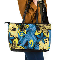 Plumeria Polynesian Pattern Leather Tote Bag Unique Fantasy Blue Yellow