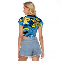 Plumeria Polynesian Pattern Raglan Cropped T Shirt Unique Fantasy Blue Yellow