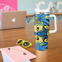 Plumeria Polynesian Pattern Tumbler With Handle Unique Fantasy Blue Yellow