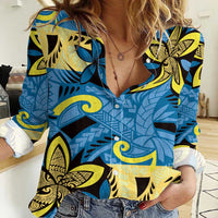 Plumeria Polynesian Pattern Women Casual Shirt Unique Fantasy Blue Yellow