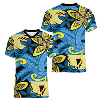 Plumeria Polynesian Pattern Women V-Neck T-Shirt Unique Fantasy Blue Yellow