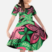 Plumeria Polynesian Pattern Family Matching Long Sleeve Bodycon Dress and Hawaiian Shirt Unique Fantasy Green Pink LT01 Daughter's Dress Green - Polynesian Pride