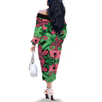 Plumeria Polynesian Pattern Family Matching Off The Shoulder Long Sleeve Dress and Hawaiian Shirt Unique Fantasy Green Pink