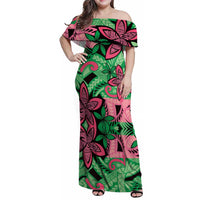 Plumeria Polynesian Pattern Family Matching Off Shoulder Maxi Dress and Hawaiian Shirt Unique Fantasy Green Pink