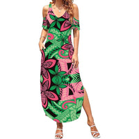 Plumeria Polynesian Pattern Family Matching Summer Maxi Dress and Hawaiian Shirt Unique Fantasy Green Pink