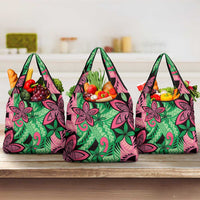 Plumeria Polynesian Pattern Grocery Bag Unique Fantasy Green Pink