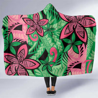 Plumeria Polynesian Pattern Hooded Blanket Unique Fantasy Green Pink