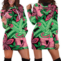 Plumeria Polynesian Pattern Hoodie Dress Unique Fantasy Green Pink