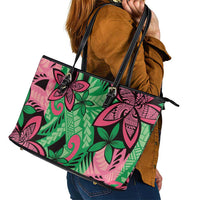 Plumeria Polynesian Pattern Leather Tote Bag Unique Fantasy Green Pink