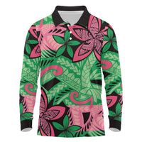 Plumeria Polynesian Pattern Long Sleeve Polo Shirt Unique Fantasy Green Pink