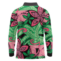 Plumeria Polynesian Pattern Long Sleeve Polo Shirt Unique Fantasy Green Pink