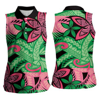 Plumeria Polynesian Pattern Women Sleeveless Polo Shirt Unique Fantasy Green Pink