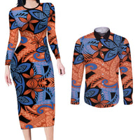 Plumeria Polynesian Pattern Couples Matching Long Sleeve Bodycon Dress and Long Sleeve Button Shirt Unique Fantasy Orange Blue LT01 Orange - Polynesian Pride