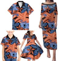Plumeria Polynesian Pattern Family Matching Puletasi and Hawaiian Shirt Unique Fantasy Orange Blue