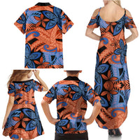 Plumeria Polynesian Pattern Family Matching Summer Maxi Dress and Hawaiian Shirt Unique Fantasy Orange Blue