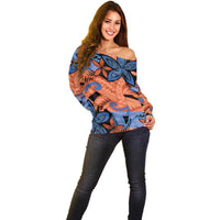 Plumeria Polynesian Pattern Off Shoulder Sweater Unique Fantasy Orange Blue