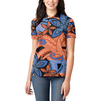 Plumeria Polynesian Pattern Women Polo Shirt Unique Fantasy Orange Blue