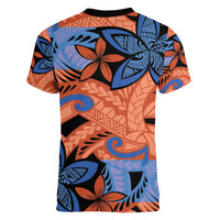 Plumeria Polynesian Pattern Women V-Neck T-Shirt Unique Fantasy Orange Blue LT01 - Polynesian Pride