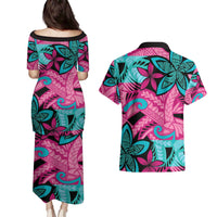 Plumeria Polynesian Pattern Couples Matching Puletasi and Hawaiian Shirt Unique Fantasy Pink Teal