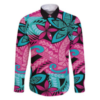 Plumeria Polynesian Pattern Family Matching Mermaid Dress and Hawaiian Shirt Unique Fantasy Pink Teal LT01 Dad's Shirt - Long Sleeve Pink - Polynesian Pride
