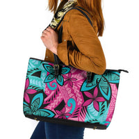 Plumeria Polynesian Pattern Leather Tote Bag Unique Fantasy Pink Teal