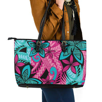 Plumeria Polynesian Pattern Leather Tote Bag Unique Fantasy Pink Teal