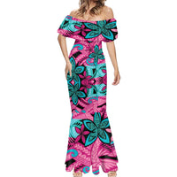 Plumeria Polynesian Pattern Mermaid Dress Unique Fantasy Pink Teal