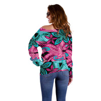 Plumeria Polynesian Pattern Off Shoulder Sweater Unique Fantasy Pink Teal
