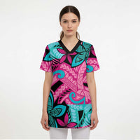 Plumeria Polynesian Pattern Scrub Top Unique Fantasy Pink Teal - Polynesian Pride