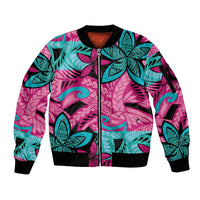 Plumeria Polynesian Pattern Sleeve Zip Bomber Jacket Unique Fantasy Pink Teal LT01 Unisex Pink - Polynesian Pride