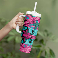 Plumeria Polynesian Pattern Tumbler With Handle Unique Fantasy Pink Teal