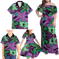 Plumeria Polynesian Pattern Family Matching Off Shoulder Maxi Dress and Hawaiian Shirt Unique Fantasy Purple Green
