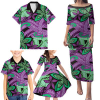 Plumeria Polynesian Pattern Family Matching Puletasi and Hawaiian Shirt Unique Fantasy Purple Green