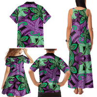 Plumeria Polynesian Pattern Family Matching Tank Maxi Dress and Hawaiian Shirt Unique Fantasy Purple Green