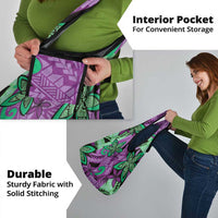 Plumeria Polynesian Pattern Grocery Bag Unique Fantasy Purple Green