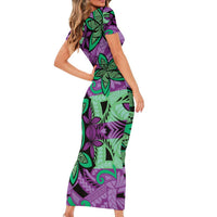 Plumeria Polynesian Pattern Short Sleeve Bodycon Dress Unique Fantasy Purple Green