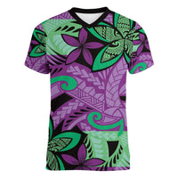 Plumeria Polynesian Pattern Women V-Neck T-Shirt Unique Fantasy Purple Green