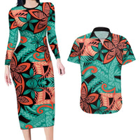 Plumeria Polynesian Pattern Couples Matching Long Sleeve Bodycon Dress and Hawaiian Shirt Unique Fantasy Teal Orange