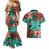 Plumeria Polynesian Pattern Couples Matching Mermaid Dress and Hawaiian Shirt Unique Fantasy Teal Orange
